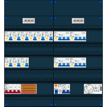 Schotman Elektro B.V. - SEP FS63A, 1xHoofdschakelaar, 9xAardlekautomaat, 1xAls+Fornuisgroep, 4xKracht aardlekautomaat, 1xBeltrafo, 1xContactdoos, 3 Fase