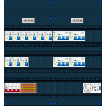 Schotman Elektro B.V. - SEP FS63A, 1xHoofdschakelaar, 9xAardlekautomaat, 4xKracht aardlekautomaat, 1xBeltrafo, 1xContactoos, 3 Fase