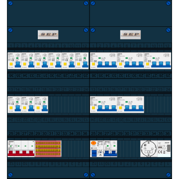 Schotman Elektro B.V. - SEP FS63A, 1xHoofdschakelaar, 9xAardlekautomaat, 1xAls+Fornuisgroep, 5xKracht aardlekautomaat, 1xBeltrafo, 1xContactdoos, 3 Fase