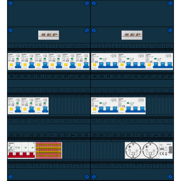Schotman Elektro B.V. - SEP FS63A, 1xHoofdschakelaar, 9xAardlekautomaat, 5xKracht aardlekautomaat, 1xBeltrafo, 2xContactoos, 3 Fase