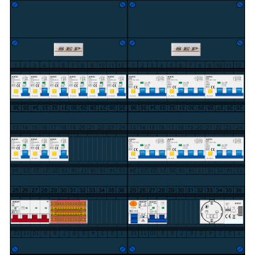 Schotman Elektro B.V. - SEP FS63A, 1xHoofdschakelaar, 9xAardlekautomaat, 1xAls+Fornuisgroep, 6xKracht aardlekautomaat, 1xBeltrafo, 1xContactdoos, 3 Fase