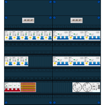 Schotman Elektro B.V. - SEP FS63A, 1xHoofdschakelaar, 9xAardlekautomaat, 6xKracht aardlekautomaat, 1xBeltrafo, 2xContactoos, 3 Fase