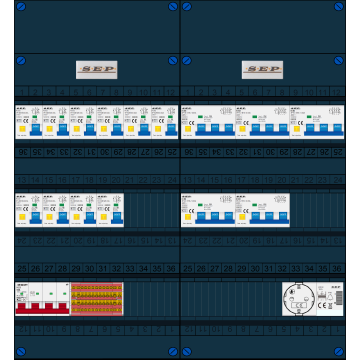 Schotman Elektro B.V. - SEP FS63A, 1xHoofdschakelaar, 10xAardlekautomaat, 5xKracht aardlekautomaat, 1xBeltrafo, 1xContactoos, 3 Fase