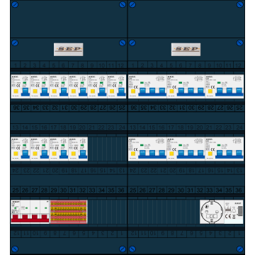 Schotman Elektro B.V. - SEP FS63A, 1xHoofdschakelaar, 10xAardlekautomaat, 6xKracht aardlekautomaat, 1xBeltrafo, 1xContactoos, 3 Fase