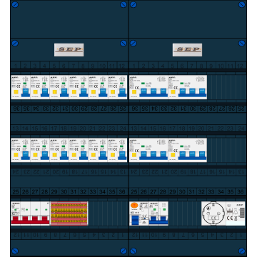 Schotman Elektro B.V. - SEP FS63A, 1xHoofdschakelaar, 12xAardlekautomaat, 1xAls+Fornuisgroep, 4xKracht aardlekautomaat, 1xBeltrafo, 1xContactdoos, 3 Fase