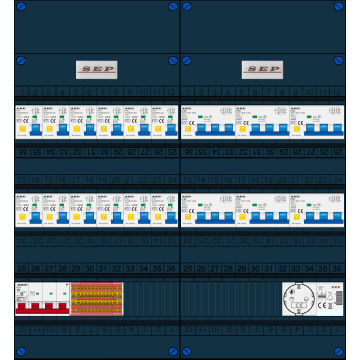 Schotman Elektro B.V. - SEP FS63A, 1xHoofdschakelaar, 12xAardlekautomaat, 6xKracht aardlekautomaat, 1xBeltrafo, 1xContactoos, 3 Fase