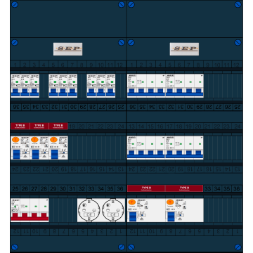 Schotman Elektro B.V. - SEP FS63A, 1xHoofdschakelaar, 5xAardlekschakelaar-Type B, 9xInstallatieautomaat, 4xKrachtgroep, 2xContactdoos, 3 Fase