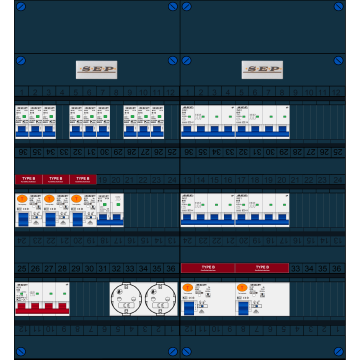 Schotman Elektro B.V. - SEP FS63A, 1xHoofdschakelaar, 5xAardlekschakelaar-Type B, 9xInstallatieautomaat, 1xFornuisgroep, 4xKrachtgroep, 2xContactdoos, 3 Fase