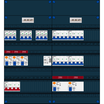 Schotman Elektro B.V. - SEP FS63A, 1xHoofdschakelaar, 5xAardlekschakelaar-Type B, 9xInstallatieautomaat, 4xKrachtgroep, 1xBeltrafo, 3 Fase