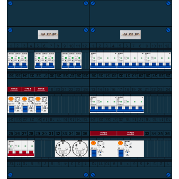 Schotman Elektro B.V. - SEP FS63A, 1xHoofdschakelaar, 5xAardlekschakelaar-Type B, 9xInstallatieautomaat, 5xKrachtgroep, 2xContactdoos, 3 Fase