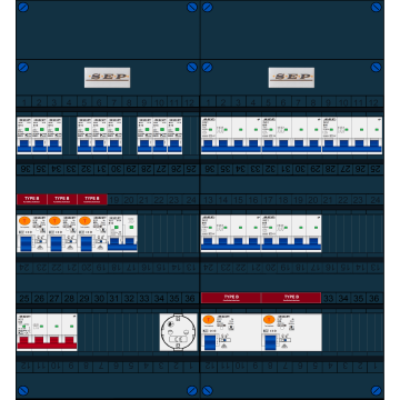 Schotman Elektro B.V. - SEP FS63A, 1xHoofdschakelaar, 5xAardlekschakelaar-Type B, 9xInstallatieautomaat, 1xFornuisgroep, 5xKrachtgroep, 1xContactdoos, 3 Fase