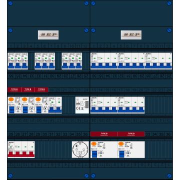 Schotman Elektro B.V. - SEP FS63A, 1xHoofdschakelaar, 5xAardlekschakelaar-Type B, 9xInstallatieautomaat, 1xFornuisgroep, 5xKrachtgroep, 1xBeltrafo, 1xContactdoos, 3 Fase