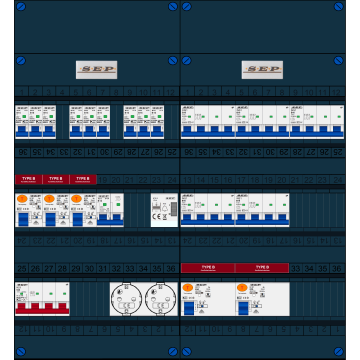 Schotman Elektro B.V. - SEP FS63A, 1xHoofdschakelaar, 5xAardlekschakelaar-Type B, 9xInstallatieautomaat, 1xFornuisgroep, 5xKrachtgroep, 1xBeltrafo, 2xContactdoos, 3 Fase
