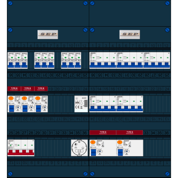Schotman Elektro B.V. - SEP FS63A, 1xHoofdschakelaar, 5xAardlekschakelaar-Type B, 9xInstallatieautomaat, 5xKrachtgroep, 1xBeltrafo, 1xContactdoos, 3 Fase