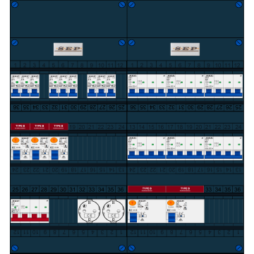 Schotman Elektro B.V. - SEP FS63A, 1xHoofdschakelaar, 5xAardlekschakelaar-Type B, 9xInstallatieautomaat, 6xKrachtgroep, 2xContactdoos, 3 Fase