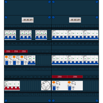 Schotman Elektro B.V. - SEP FS63A, 1xHoofdschakelaar, 5xAardlekschakelaar-Type B, 9xInstallatieautomaat, 1xFornuisgroep, 6xKrachtgroep, 1xContactdoos, 3 Fase