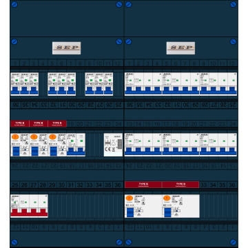 Schotman Elektro B.V. - SEP FS63A, 1xHoofdschakelaar, 5xAardlekschakelaar-Type B, 9xInstallatieautomaat, 1xFornuisgroep, 6xKrachtgroep, 1xBeltrafo, 3 Fase
