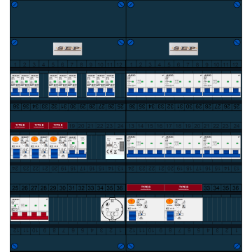Schotman Elektro B.V. - SEP FS63A, 1xHoofdschakelaar, 5xAardlekschakelaar-Type B, 9xInstallatieautomaat, 1xFornuisgroep, 6xKrachtgroep, 1xBeltrafo, 1xContactdoos, 3 Fase