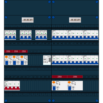 Schotman Elektro B.V. - SEP FS63A, 1xHoofdschakelaar, 5xAardlekschakelaar-Type B, 9xInstallatieautomaat, 6xKrachtgroep, 1xBeltrafo, 3 Fase