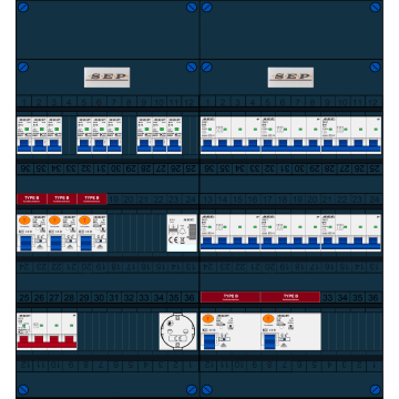 Schotman Elektro B.V. - SEP FS63A, 1xHoofdschakelaar, 5xAardlekschakelaar-Type B, 9xInstallatieautomaat, 6xKrachtgroep, 1xBeltrafo, 1xContactdoos, 3 Fase