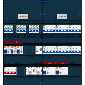 Schotman Elektro B.V. - SEP FS63A, 1xHoofdschakelaar, 5xAardlekschakelaar-Type B, 9xInstallatieautomaat, 6xKrachtgroep, 1xBeltrafo, 2xContactdoos, 3 Fase