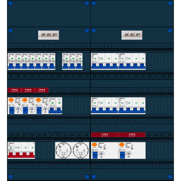 Schotman Elektro B.V. - SEP FS63A, 1xHoofdschakelaar, 5xAardlekschakelaar-Type B, 10xInstallatieautomaat, 1xFornuisgroep, 4xKrachtgroep, 2xContactdoos, 3 Fase