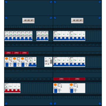Schotman Elektro B.V. - SEP FS63A, 1xHoofdschakelaar, 5xAardlekschakelaar-Type B, 10xInstallatieautomaat, 1xFornuisgroep, 4xKrachtgroep, 1xBeltrafo, 3 Fase