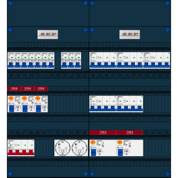 Schotman Elektro B.V. - SEP FS63A, 1xHoofdschakelaar, 5xAardlekschakelaar-Type B, 10xInstallatieautomaat, 5xKrachtgroep, 2xContactdoos, 3 Fase