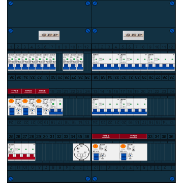 Schotman Elektro B.V. - SEP FS63A, 1xHoofdschakelaar, 5xAardlekschakelaar-Type B, 10xInstallatieautomaat, 1xFornuisgroep, 5xKrachtgroep, 1xContactdoos, 3 Fase