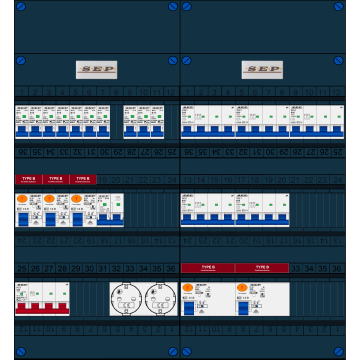 Schotman Elektro B.V. - SEP FS63A, 1xHoofdschakelaar, 5xAardlekschakelaar-Type B, 10xInstallatieautomaat, 1xFornuisgroep, 5xKrachtgroep, 2xContactdoos, 3 Fase