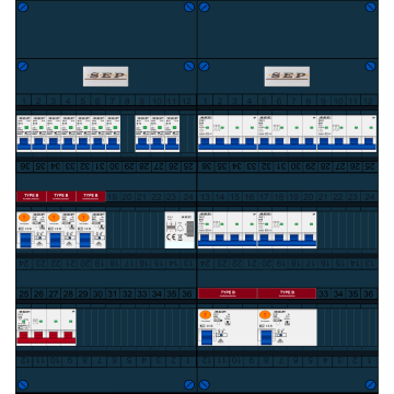 Schotman Elektro B.V. - SEP FS63A, 1xHoofdschakelaar, 5xAardlekschakelaar-Type B, 10xInstallatieautomaat, 5xKrachtgroep, 1xBeltrafo, 3 Fase