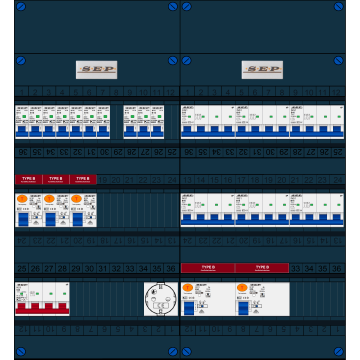 Schotman Elektro B.V. - SEP FS63A, 1xHoofdschakelaar, 5xAardlekschakelaar-Type B, 10xInstallatieautomaat, 6xKrachtgroep, 1xContactdoos, 3 Fase
