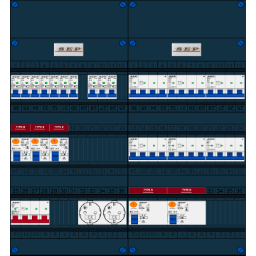 Schotman Elektro B.V. - SEP FS63A, 1xHoofdschakelaar, 5xAardlekschakelaar-Type B, 10xInstallatieautomaat, 6xKrachtgroep, 2xContactdoos, 3 Fase