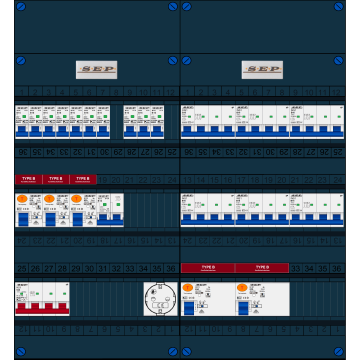 Schotman Elektro B.V. - SEP FS63A, 1xHoofdschakelaar, 5xAardlekschakelaar-Type B, 10xInstallatieautomaat, 1xFornuisgroep, 6xKrachtgroep, 1xContactdoos, 3 Fase
