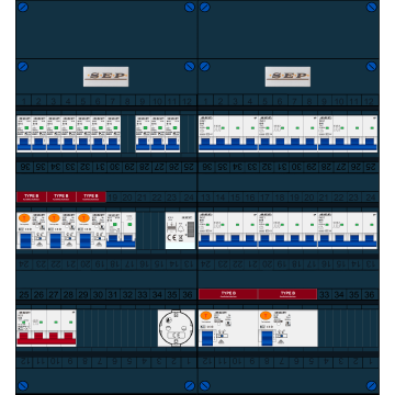 Schotman Elektro B.V. - SEP FS63A, 1xHoofdschakelaar, 5xAardlekschakelaar-Type B, 10xInstallatieautomaat, 1xFornuisgroep, 6xKrachtgroep, 1xBeltrafo, 1xContactdoos, 3 Fase