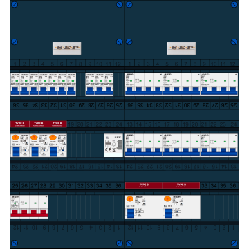 Schotman Elektro B.V. - SEP FS63A, 1xHoofdschakelaar, 5xAardlekschakelaar-Type B, 10xInstallatieautomaat, 6xKrachtgroep, 1xBeltrafo, 3 Fase