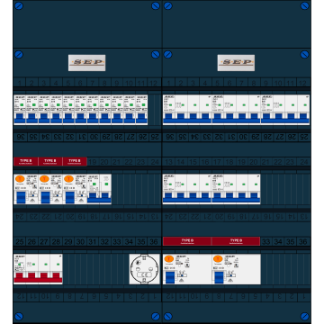 Schotman Elektro B.V. - SEP FS63A, 1xHoofdschakelaar, 5xAardlekschakelaar-Type B, 11xInstallatieautomaat, 1xFornuisgroep, 5xKrachtgroep, 1xContactdoos, 3 Fase