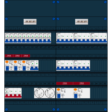 Schotman Elektro B.V. - SEP FS63A, 1xHoofdschakelaar, 5xAardlekschakelaar-Type B, 11xInstallatieautomaat, 1xFornuisgroep, 5xKrachtgroep, 2xContactdoos, 3 Fase