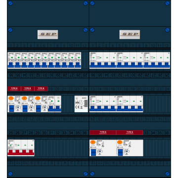 Schotman Elektro B.V. - SEP FS63A, 1xHoofdschakelaar, 5xAardlekschakelaar-Type B, 11xInstallatieautomaat, 1xFornuisgroep, 5xKrachtgroep, 1xBeltrafo, 3 Fase