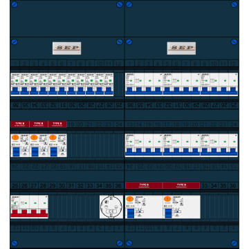 Schotman Elektro B.V. - SEP FS63A, 1xHoofdschakelaar, 5xAardlekschakelaar-Type B, 11xInstallatieautomaat, 6xKrachtgroep, 1xContactdoos, 3 Fase