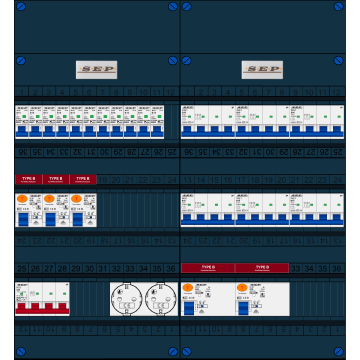 Schotman Elektro B.V. - SEP FS63A, 1xHoofdschakelaar, 5xAardlekschakelaar-Type B, 11xInstallatieautomaat, 6xKrachtgroep, 2xContactdoos, 3 Fase