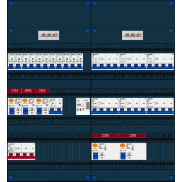 Schotman Elektro B.V. - SEP FS63A, 1xHoofdschakelaar, 5xAardlekschakelaar-Type B, 11xInstallatieautomaat, 1xFornuisgroep, 6xKrachtgroep, 1xBeltrafo, 3 Fase