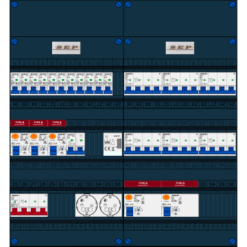 Schotman Elektro B.V. - SEP FS63A, 1xHoofdschakelaar, 5xAardlekschakelaar-Type B, 11xInstallatieautomaat, 1xFornuisgroep, 6xKrachtgroep, 1xBeltrafo, 2xContactdoos, 3 Fase