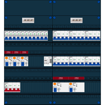 Schotman Elektro B.V. - SEP FS63A, 1xHoofdschakelaar, 5xAardlekschakelaar-Type B, 11xInstallatieautomaat, 6xKrachtgroep, 1xBeltrafo, 3 Fase