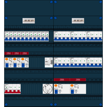 Schotman Elektro B.V. - SEP FS63A, 1xHoofdschakelaar, 5xAardlekschakelaar-Type B, 11xInstallatieautomaat, 6xKrachtgroep, 1xBeltrafo, 1xContactdoos, 3 Fase