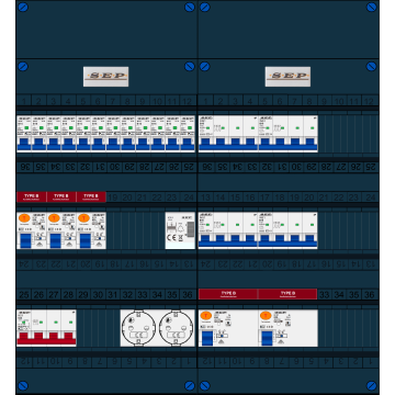 Schotman Elektro B.V. - SEP FS63A, 1xHoofdschakelaar, 5xAardlekschakelaar-Type B, 12xInstallatieautomaat, 4xKrachtgroep, 1xBeltrafo, 2xContactdoos, 3 Fase