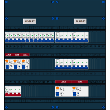 Schotman Elektro B.V. - SEP FS63A, 1xHoofdschakelaar, 5xAardlekschakelaar-Type B, 12xInstallatieautomaat, 4xKrachtgroep, 3 Fase