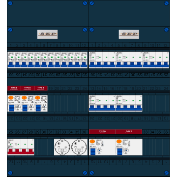 Schotman Elektro B.V. - SEP FS63A, 1xHoofdschakelaar, 5xAardlekschakelaar-Type B, 12xInstallatieautomaat, 5xKrachtgroep, 2xContactdoos, 3 Fase