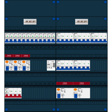 Schotman Elektro B.V. - SEP FS63A, 1xHoofdschakelaar, 5xAardlekschakelaar-Type B, 12xInstallatieautomaat, 5xKrachtgroep, 1xBeltrafo, 3 Fase
