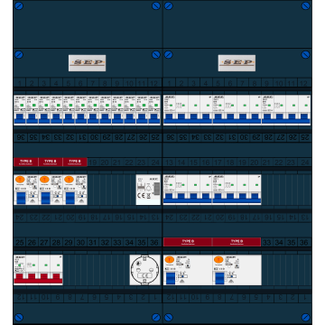 Schotman Elektro B.V. - SEP FS63A, 1xHoofdschakelaar, 5xAardlekschakelaar-Type B, 12xInstallatieautomaat, 5xKrachtgroep, 1xBeltrafo, 1xContactdoos, 3 Fase